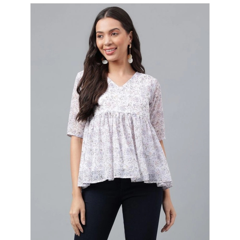 Women's Casual Short Sleeve Printed Georgette Top (White-Purple)