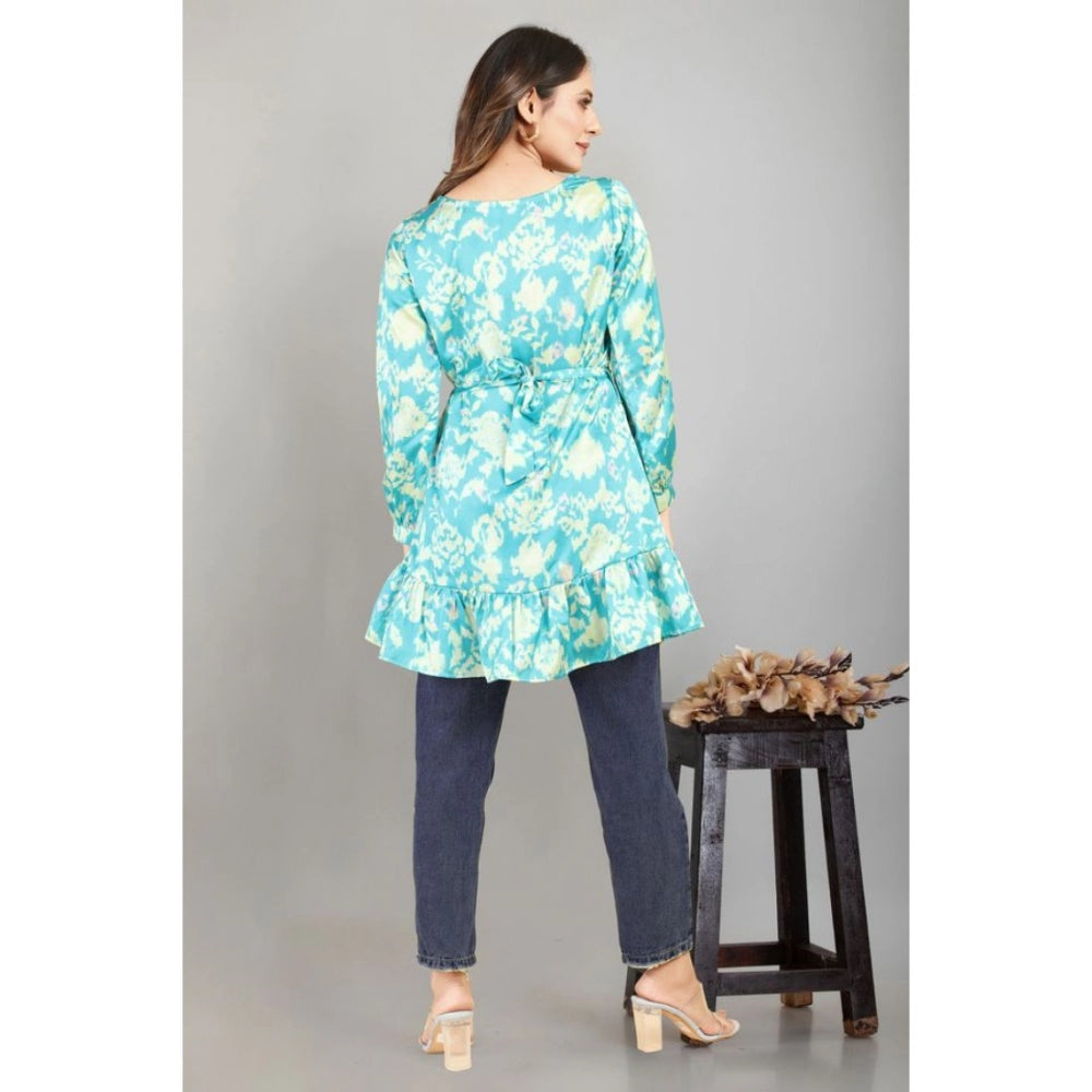 Women's Casual Full Sleeve Printed Satin Top (Turquoise)