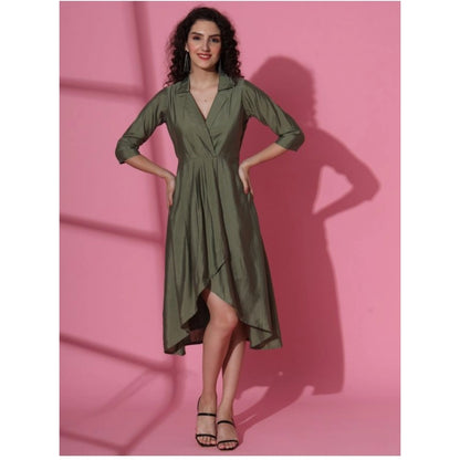 Women's Casual 3-4th Sleeve Solid Chanderi silk Dress (Olive-Green)