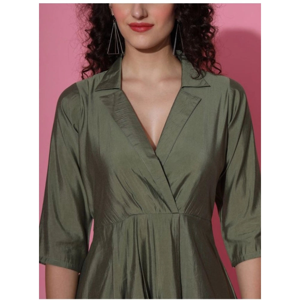 Women's Casual 3-4th Sleeve Solid Chanderi silk Dress (Olive-Green)