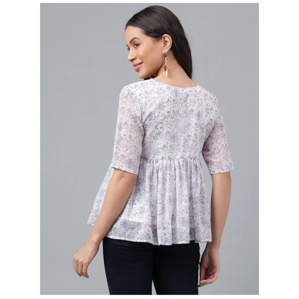 Women's Casual Short Sleeve Printed Georgette Top (White-Purple)