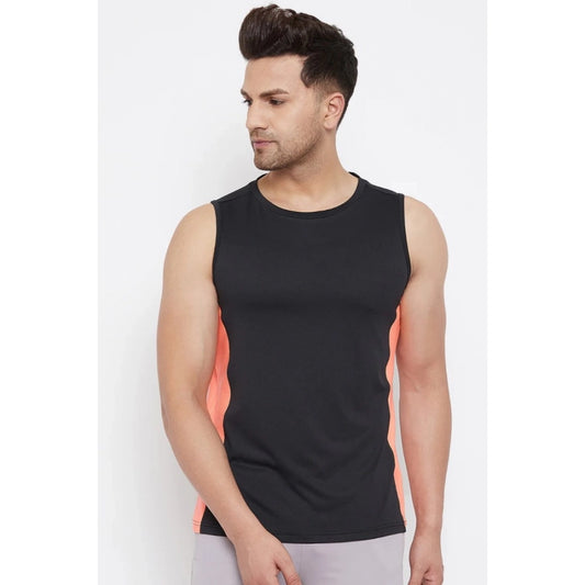 Men's Solid Polyester Sleeveless T.Shirt (Black)