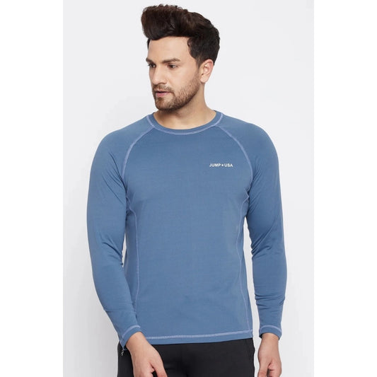 Men's Solid Polyester Full Sleeve T.Shirt (Blue)