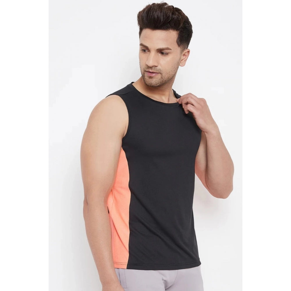 Men's Solid Polyester Sleeveless T.Shirt (Black)