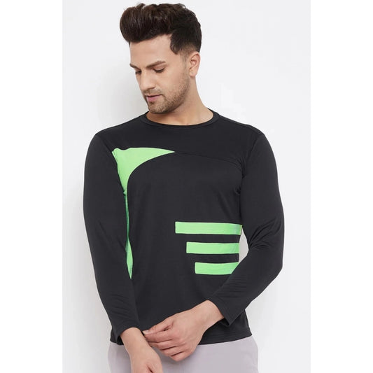 Men's Striped Polyester Full Sleeve T.Shirt (Black)