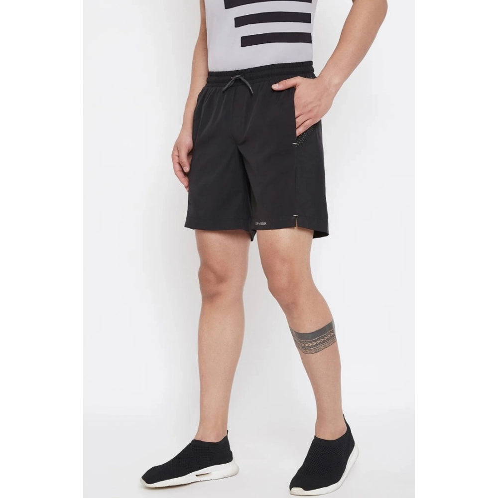 Generic Men's Solid Polyester Above Knee Shorts (Black)