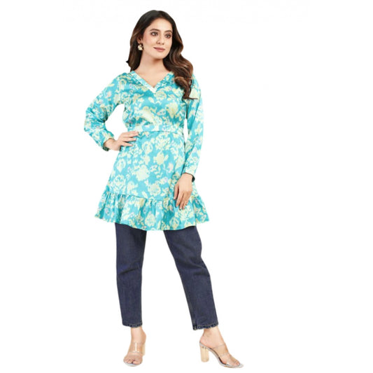 Generic Women's Casual Full Sleeve Printed Satin Top (Turquoise)