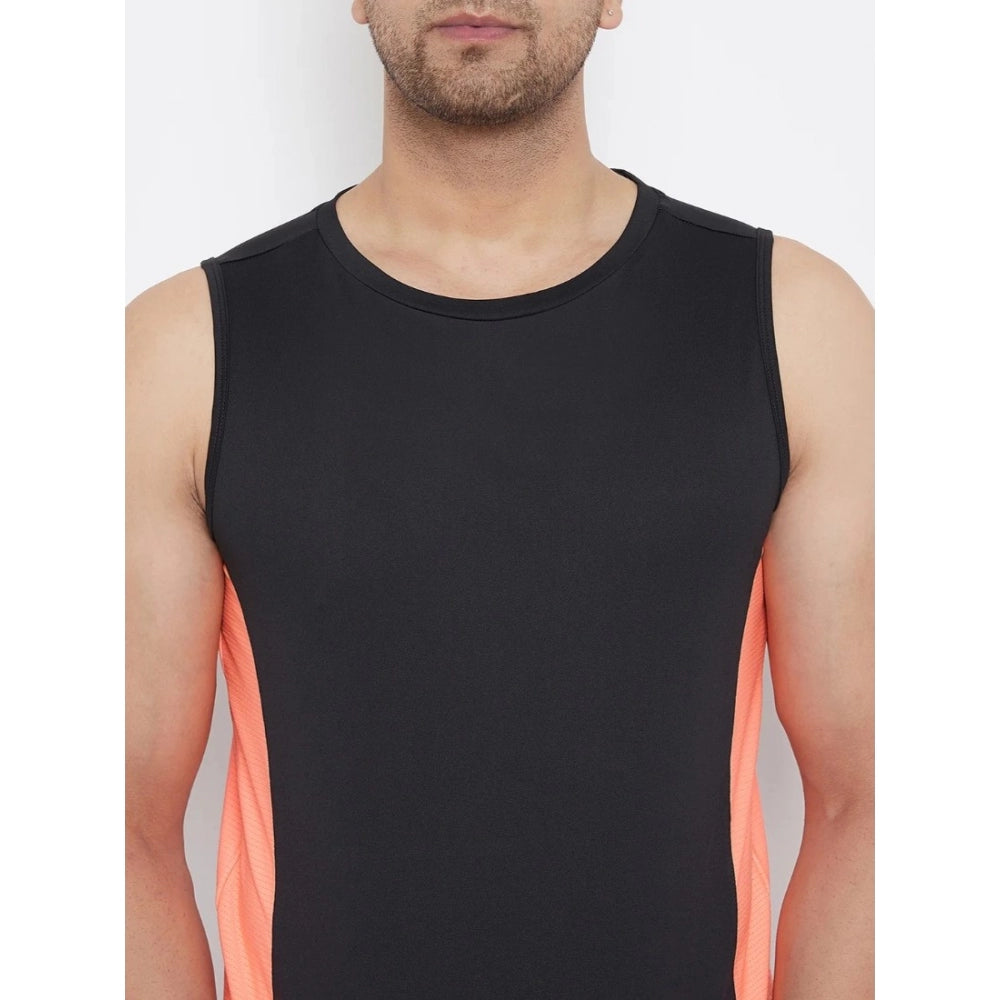 Men's Solid Polyester Sleeveless T.Shirt (Black)