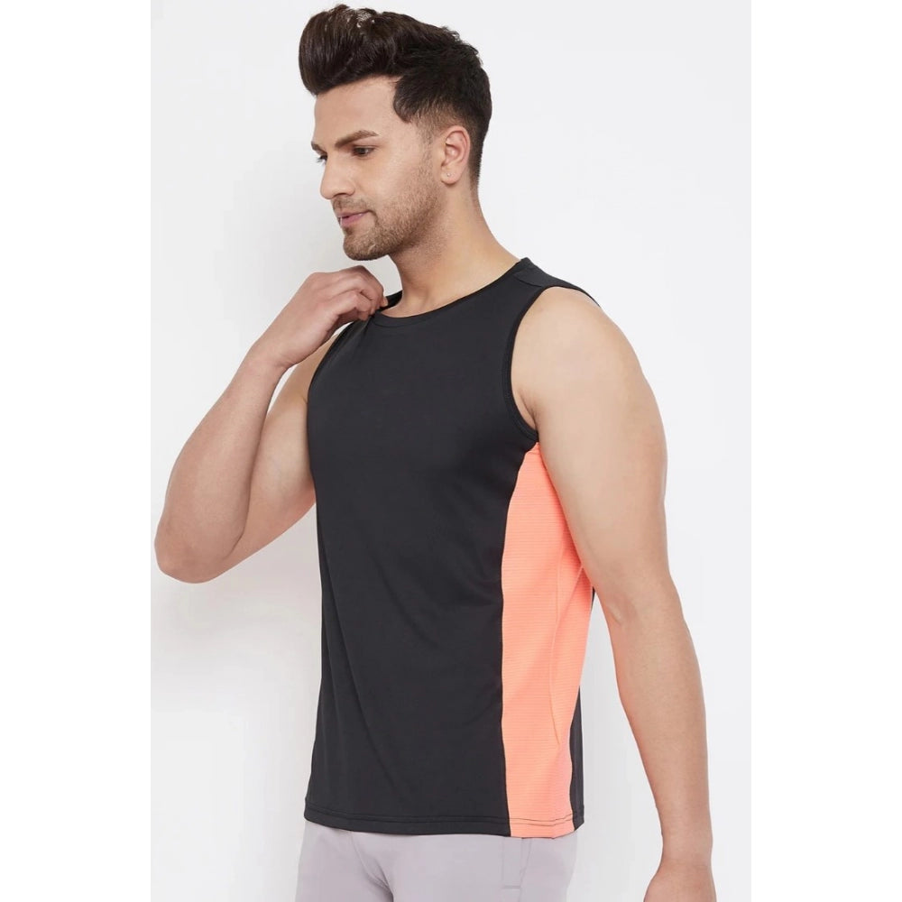 Men's Solid Polyester Sleeveless T.Shirt (Black)