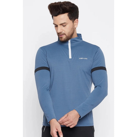 Men's Solid Polyester Full Sleeve T.Shirt (Blue)