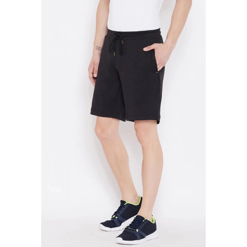 Men's Solid Polyester Knee Length Shorts (Black)