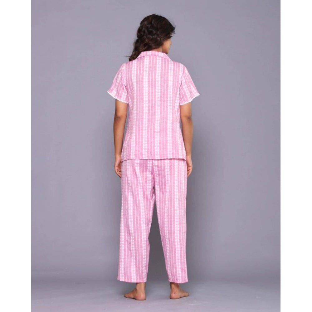 Women's Casual Cotton Short Sleeve Full Night Suit Set (Pink)