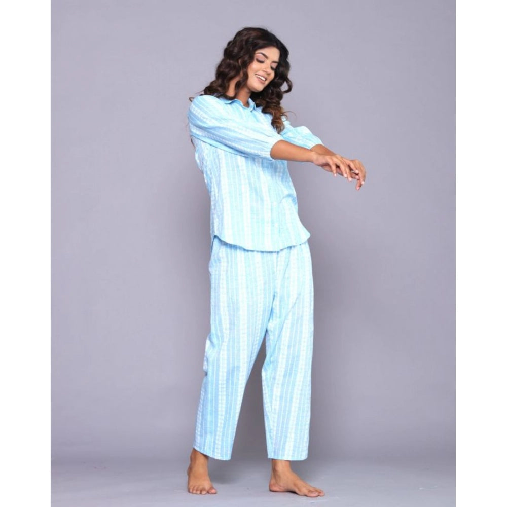 Women's Casual Cotton 3-4th Sleeve Full Night Suit Set (Aqua)