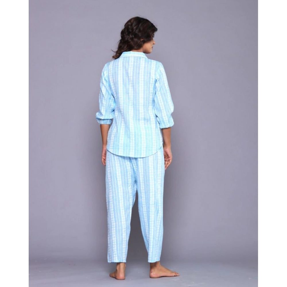 Women's Casual Cotton 3-4th Sleeve Full Night Suit Set (Aqua)