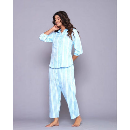 Women's Casual Cotton 3-4th Sleeve Full Night Suit Set (Aqua)