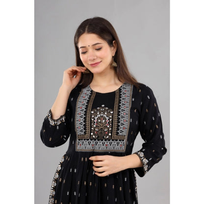 Generic Women's Casual Viscose Rayon 3-4th Sleeve Nayra Cut Kurti (Black)