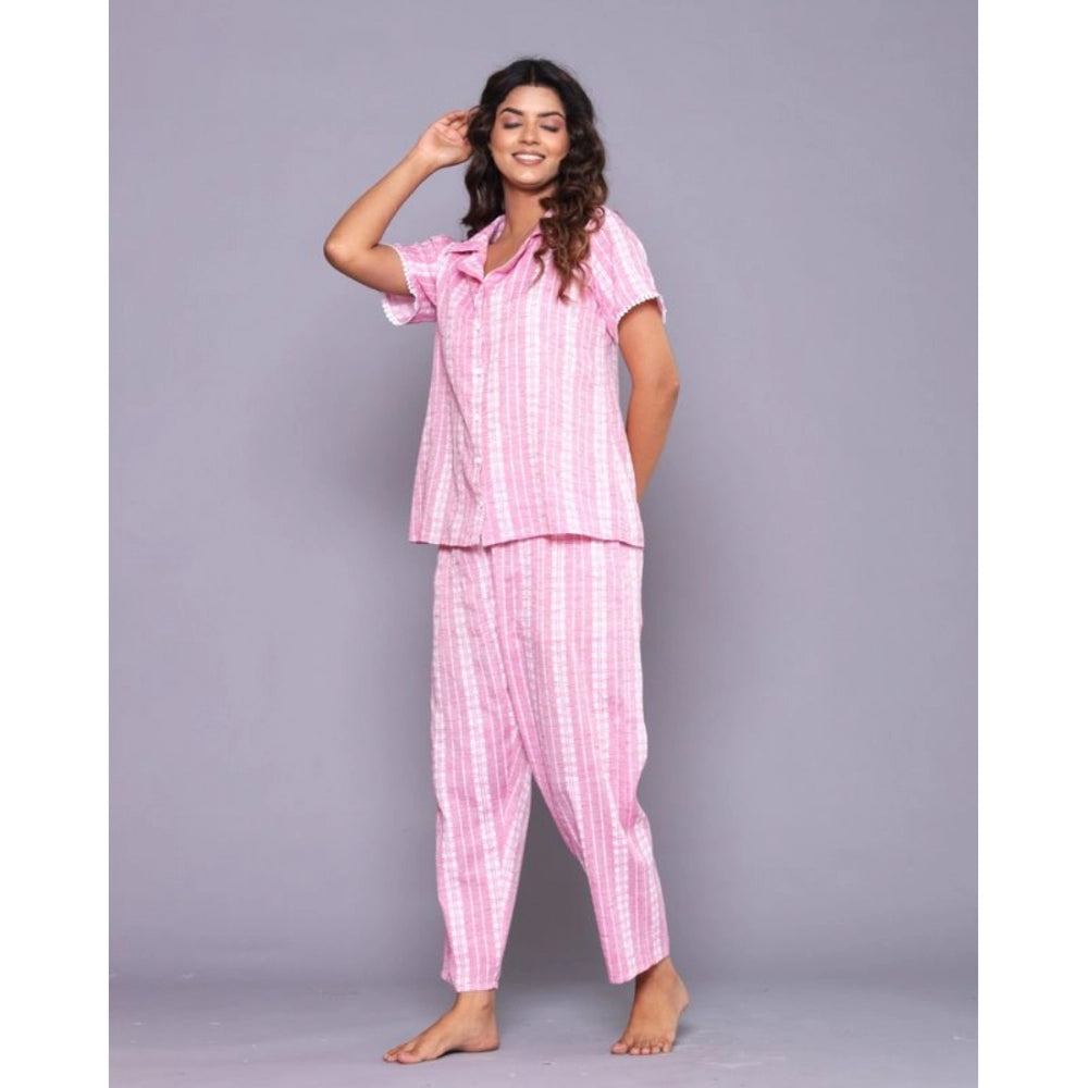 Women's Casual Cotton Short Sleeve Full Night Suit Set (Pink)