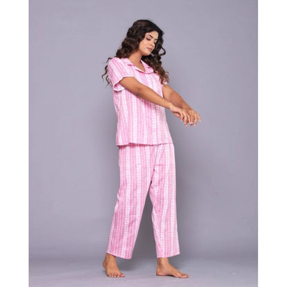 Women's Casual Cotton Short Sleeve Full Night Suit Set (Pink)