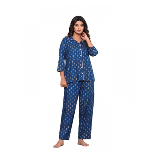 Women's Casual Rayon 3-4th Sleeve Night Suit Set (Blue)