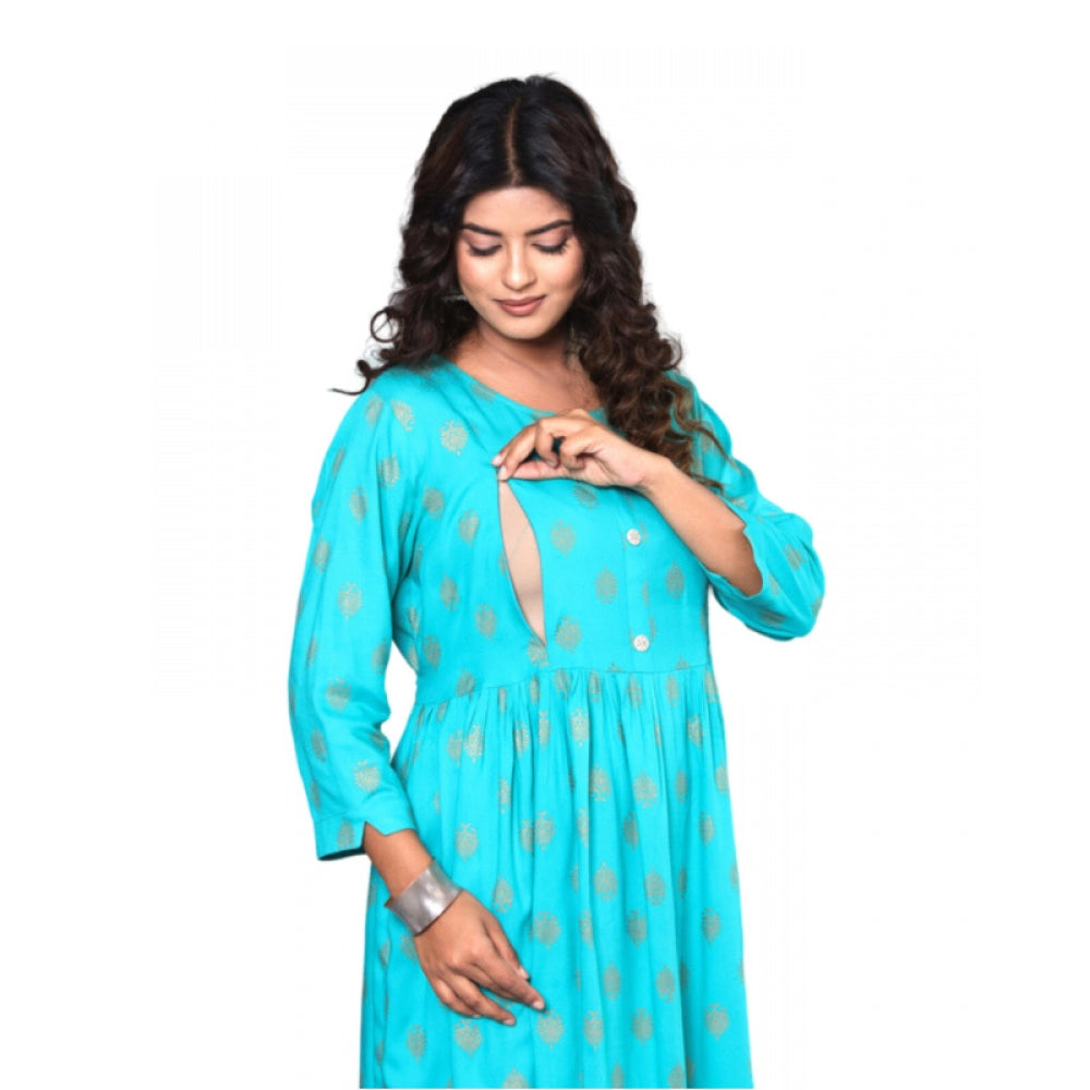 Generic Women's Casual Viscose Rayon 3-4th Sleeve Maternity Kurti (Aqua Blue)