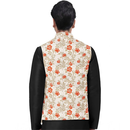 Men's Jacquard Printed Full Sleeve Waistcoat (Orange-Beige)