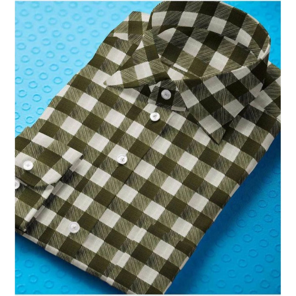 Generic Men's Cotton Blended Checked Full Sleeve Shirt (White-Green)