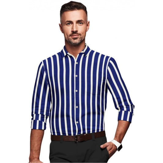 Generic Men's Cotton Blended Striped Full Sleeve Shirt (White-Blue)