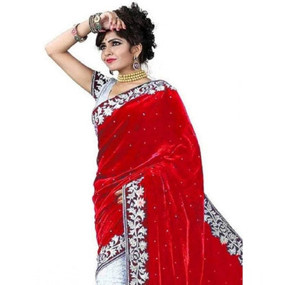 Women's Velvet Embroidered Saree With Unstitched Blouse (Red, 5.5 Mtr)