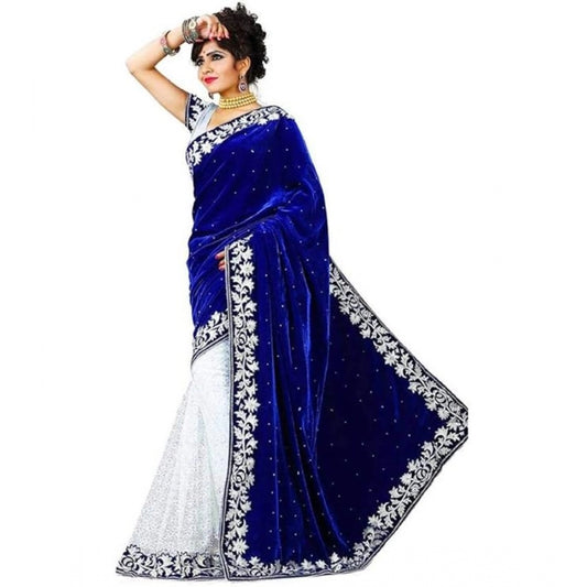 Women's Velvet Embroidered Saree With Unstitched Blouse (Blue, 5.5 Mtr)