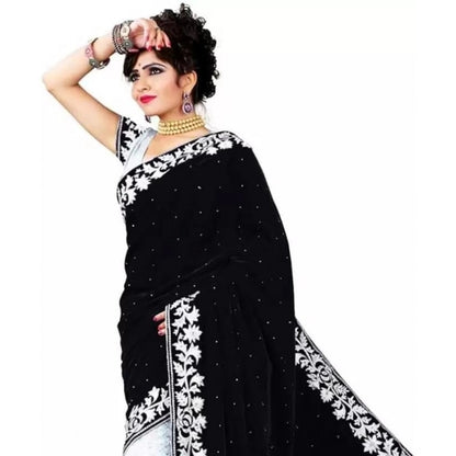 Women's Velvet Embroidered Saree With Unstitched Blouse (Black, 5.5 Mtr)