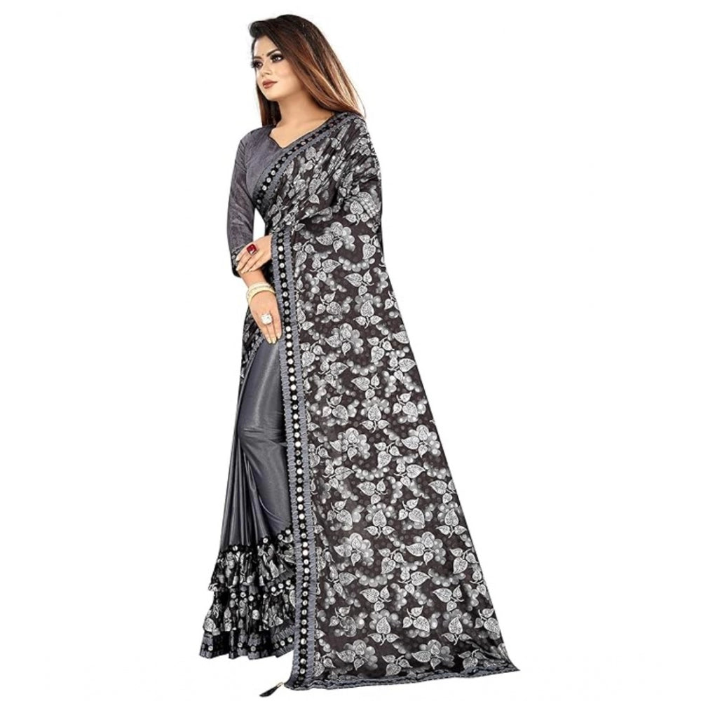 Women's Lycra Solid Saree With Unstitched Blouse (Grey, 5.5 Mtr)