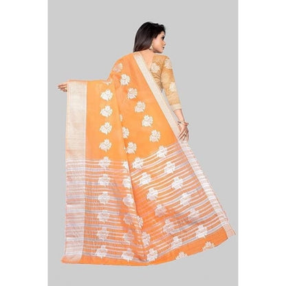 Women's Cotton Silk Floral Saree With Unstitched Blouse (Orange, 5.5 Mtr)