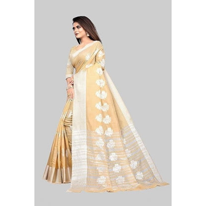 Women's Cotton Silk Floral Saree With Unstitched Blouse (Beige, 5.5 Mtr)