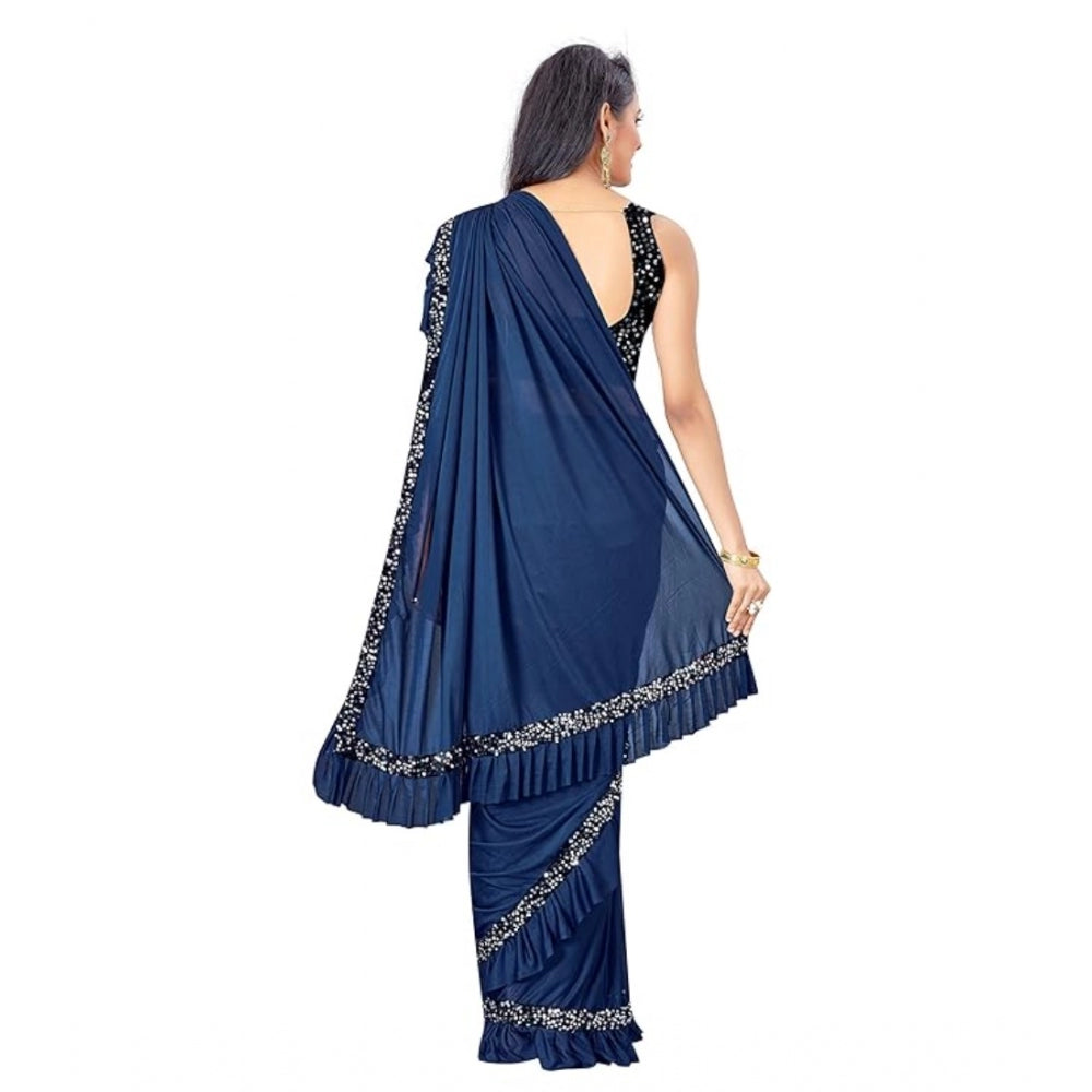 Women's Lycra Solid Saree With Unstitched Blouse (Nay Blue, 5.5 Mtr)