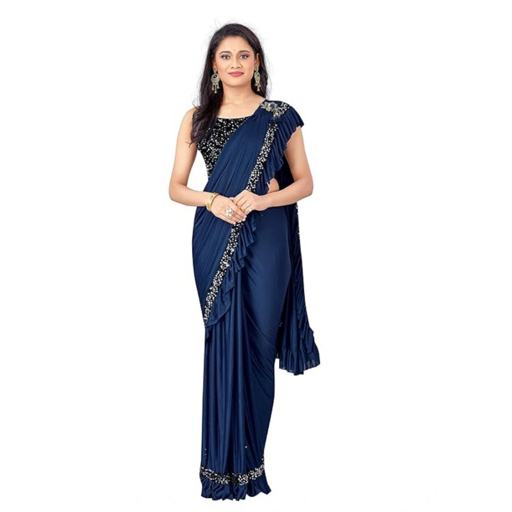 Women's Lycra Solid Saree With Unstitched Blouse (Nay Blue, 5.5 Mtr)