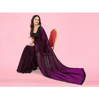 Women's Lycra Floral Saree With Unstitched Blouse (Wine, 5.5 Mtr)