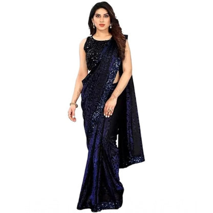 Women's Lycra Floral Saree With Unstitched Blouse (Blue, 5.5 Mtr)