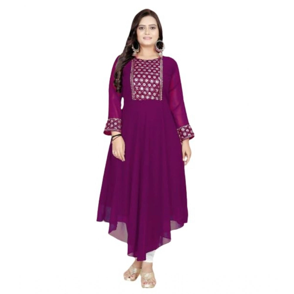 Generic Women's Georgette Embroidered Kurti (Purple)