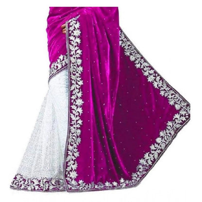 Women's Velvet Embroidered Saree With Unstitched Blouse (Pink, 5.5 Mtr)