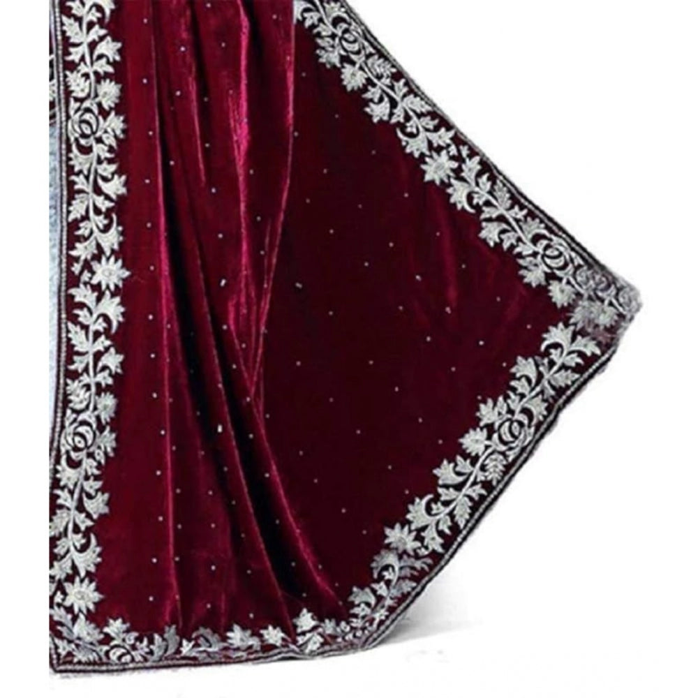 Women's Velvet Embroidered Saree With Unstitched Blouse (Maroon, 5.5 Mtr)