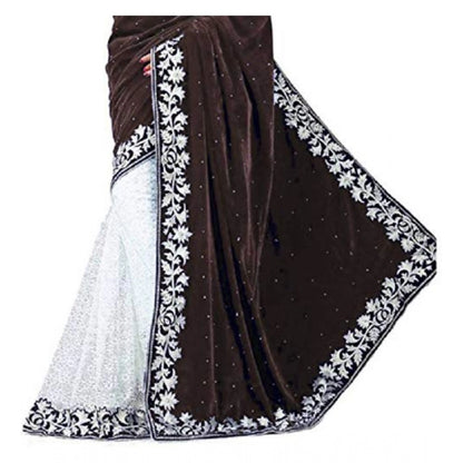 Women's Velvet Embroidered Saree With Unstitched Blouse (Brown, 5.5 Mtr)