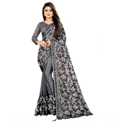 Women's Lycra Solid Saree With Unstitched Blouse (Grey, 5.5 Mtr)