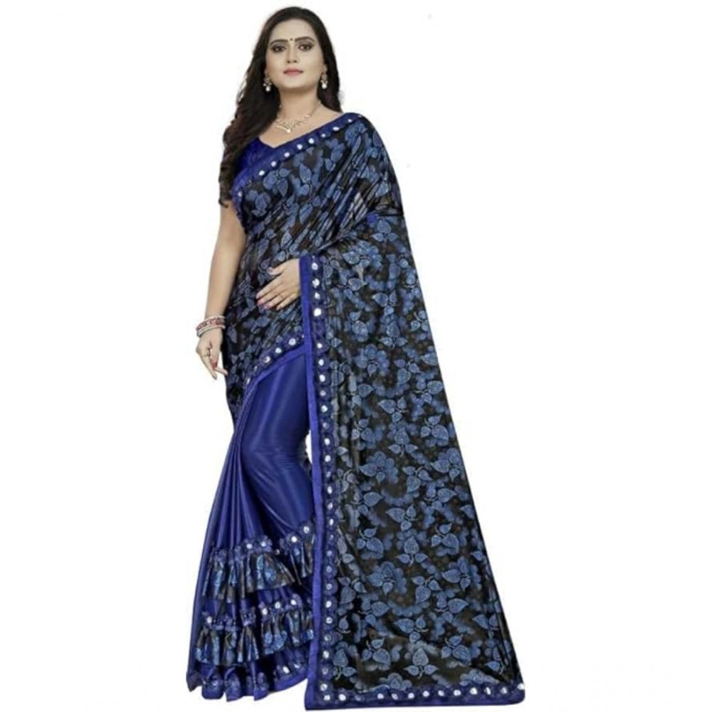 Women's Lycra Solid Saree With Unstitched Blouse (Blue, 5.5 Mtr)