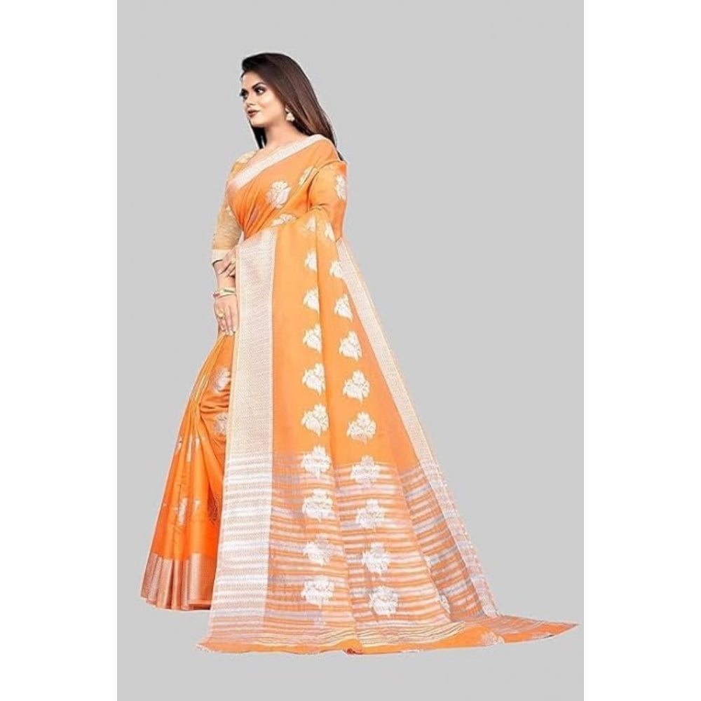 Women's Cotton Silk Floral Saree With Unstitched Blouse (Orange, 5.5 Mtr)