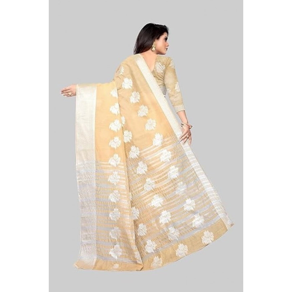 Women's Cotton Silk Floral Saree With Unstitched Blouse (Beige, 5.5 Mtr)