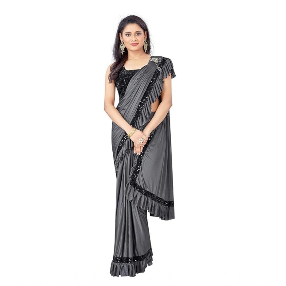 Women's Lycra Solid Saree With Unstitched Blouse (Grey, 5.5 Mtr)