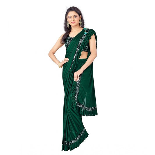 Women's Lycra Solid Saree With Unstitched Blouse (Green, 5.5 Mtr)