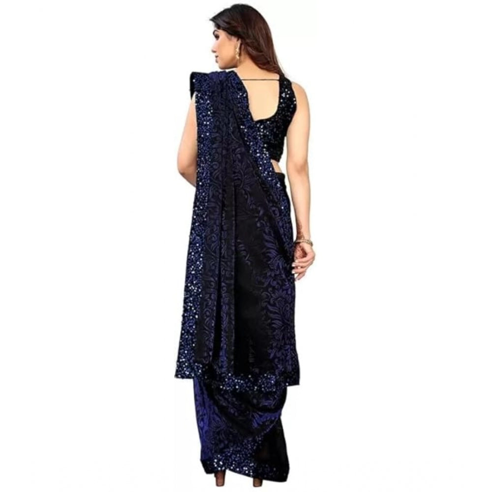 Women's Lycra Floral Saree With Unstitched Blouse (Blue, 5.5 Mtr)