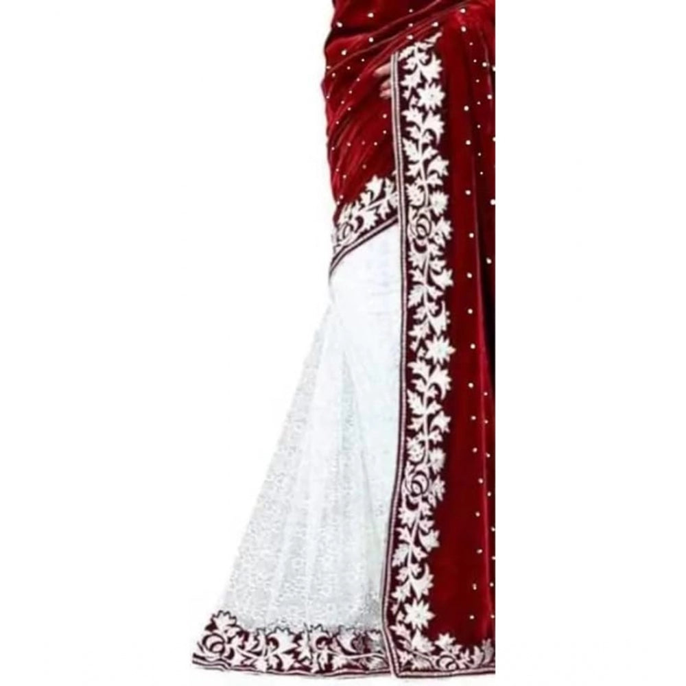 Women's Velvet Embroidered Saree With Unstitched Blouse (Maroon, 5.5 Mtr)