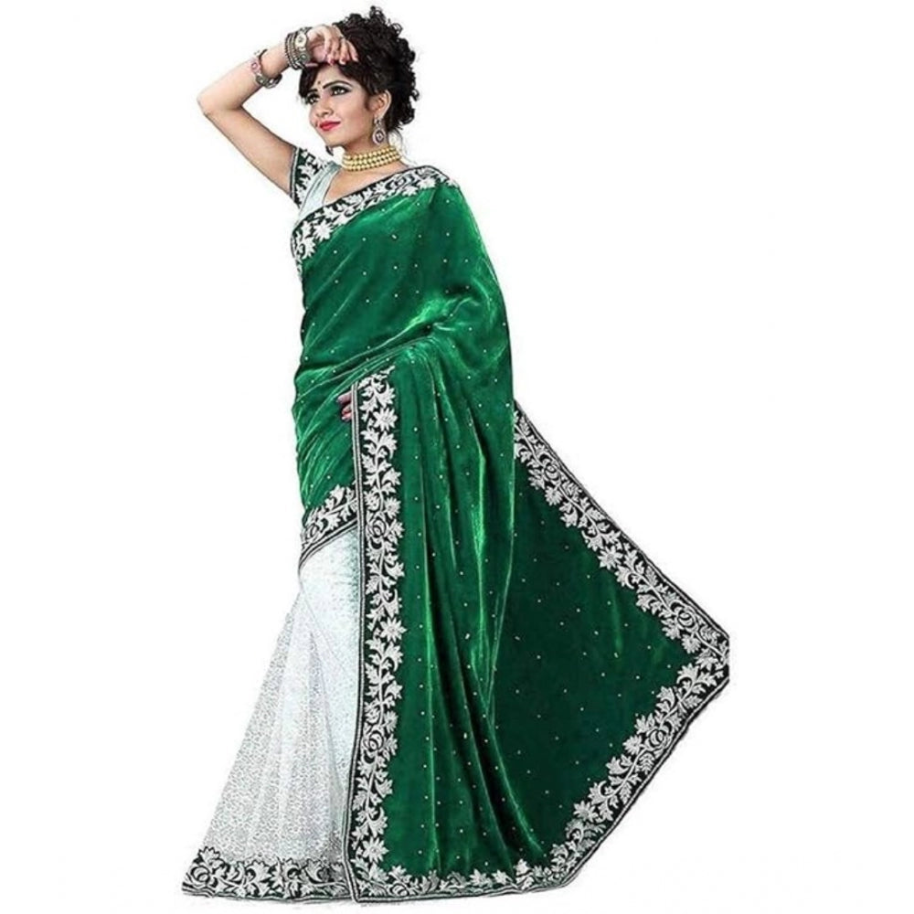 Women's Velvet Embroidered Saree With Unstitched Blouse (Green, 5.5 Mtr)